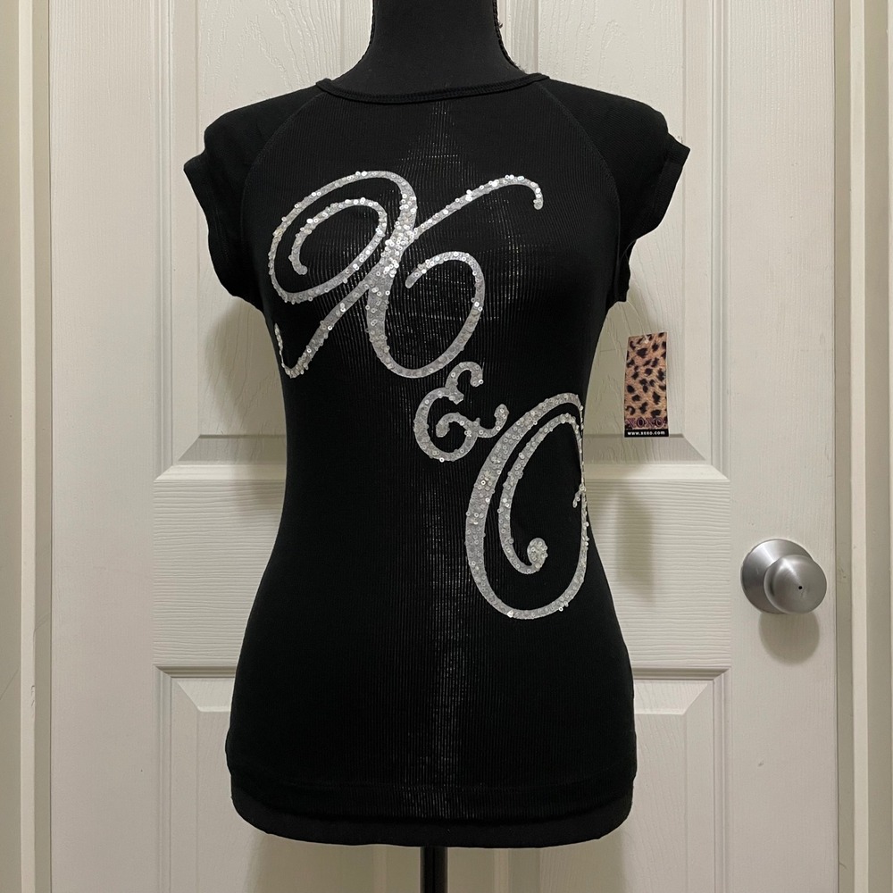 NEW XOXO Vintage Y2K Ribbed Sequin Top Black Silver XS S M McBling NWT‎ USA Made